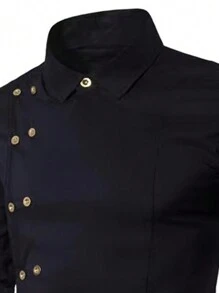 Calvornis Camicia casual da uomo a tinta unita con doppio petto, maniche lunghe e colletto, adatta per il lavoro, affari, autunno, formale, cerimonie - nero - Visualizzare 4