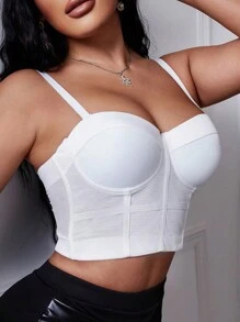 Top Corset Cami Branco Elegante Com Alça Espaguete De Renda Transparente E Sem Costas, Reforçado Por Barbatanas Para Modelagem Do Corpo, Ideal Para Noite De Encontro - Branco - Visão 1