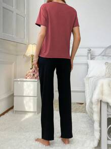 Bộ đồ ngủ in khối màu dành cho nữ có chữ cái tiếng Anh thể thao - Bụi hồng - Xem 2