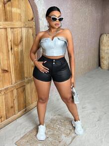 SHEIN SXY Plus Size Màu Trơn Quần Short Màu Đen Cạp Cao Gợi Cảm Cho Lễ Hội Âm Nhạc Đồng Quê Mùa Xuân/Thu - màu đen - Xem 4