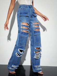 SHEIN BAE Vaqueros De Pernera Recta Con Rotos Y Agujeros