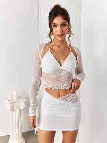 PARTHEA Viễn cảnh Ren Nối Xù Lưới Top Cây trồng & Eo thấp Bộ váy - trắng - Xem 8