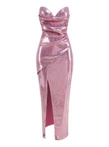 Pink Sequined Strapless Evening Gown With A Thigh Slit - Hot Pink - View 7