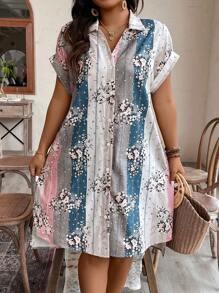 SHEIN LUNE Kích thước lớn In Hoa Khối màu Sọc tay cánh Váy sơ mi Với Mặt trước Nút Khép kín - Nhiều màu - Xem 3