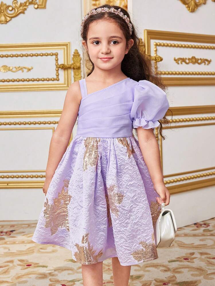 Young Girl's Cute Oblique-Shoulder Puff Sleeve A-Line Midi Dress