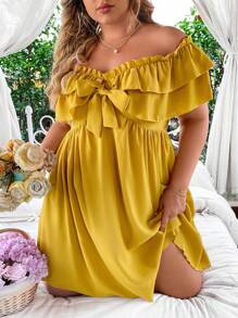 Flirla Plus Size Solid Color Off Shoulder Ruffle Hem Tie Dress - Yellow - View 3