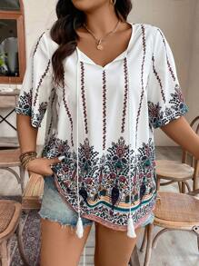 SHEIN Holidaya Của phụ nữ Kích thước lớn In Áo sơ mi Với Viền tua Bib & Buộc Đồ trang trí - Nhiều màu - Xem 3
