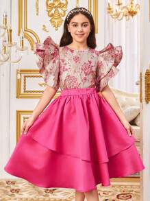 SHEIN Tween Girls' Layered Ruffle Sleeve Jacquard Shirt And Asymmetrical Double-Layered Hem Skirt Set - Hot Pink - View 5