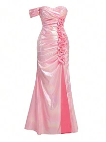 SHEIN Belle Vestido De Noche Estilo Metálico Con Cuello Descubierto Hombros Y Cintura Plisada Con Detalle Decorativo De Flores Realista - Rosa - Ver 4