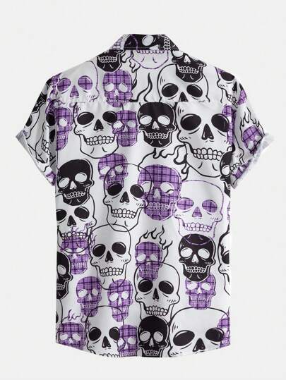Grunge Punk Men Skull Print Button Up Shirt Without Tee