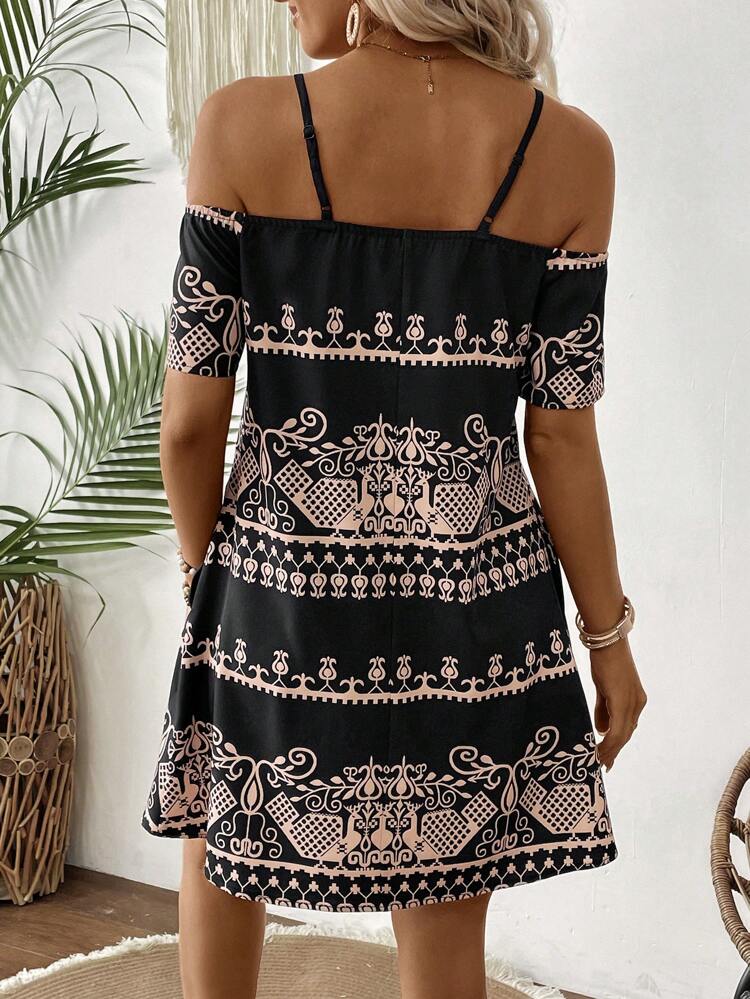 Women's Open Shoulder Short Sleeve Dress With Floral Print