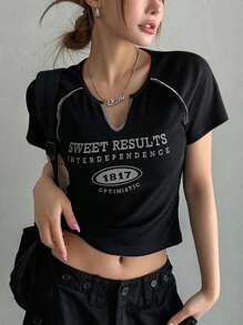 DAZY 女式标语印花短袖T恤、女式短款上衣、图案T恤 - 黑色 - 查看 1