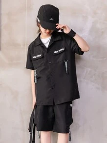 SHEIN Cậu bé Tween Túi có nắp & Lủng lẳng Thắt lưng Cargo Áo sơ mi Và Bộ quần short - màu đen - Xem 6