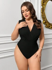 SHEIN Privé Elegant Solid Color Plus Size Women's Sleeveless Bodysuit With Crossed & Pleated Details - Black - View 5