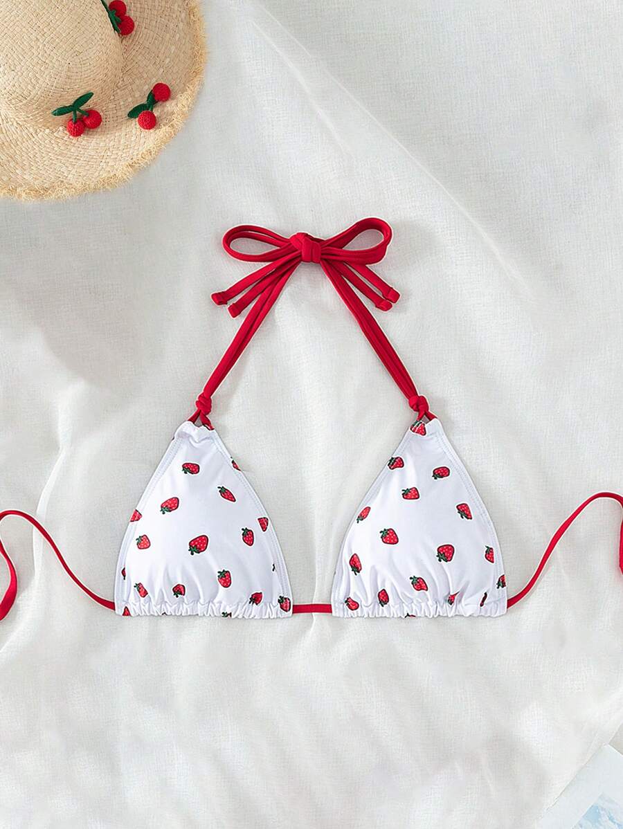 Swim Mod 女士草莓印花三角吊带比基尼上衣，适合游泳、度假、夏季海滩 - 彩色 - 查看 1