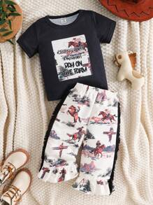 Baby Boy Western Cowboy Printed Loose Comfortable Fashion T-Shirt And Pants Set - Multicolor - View 1