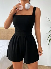 SHEIN EZwear Women's Solid Color Sleeveless Romper - Black - View 3