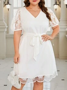 SHEIN Clasi Vestidos Blancos Con Insertos De Encaje, Tallas Grandes - Blanco - Ver 1