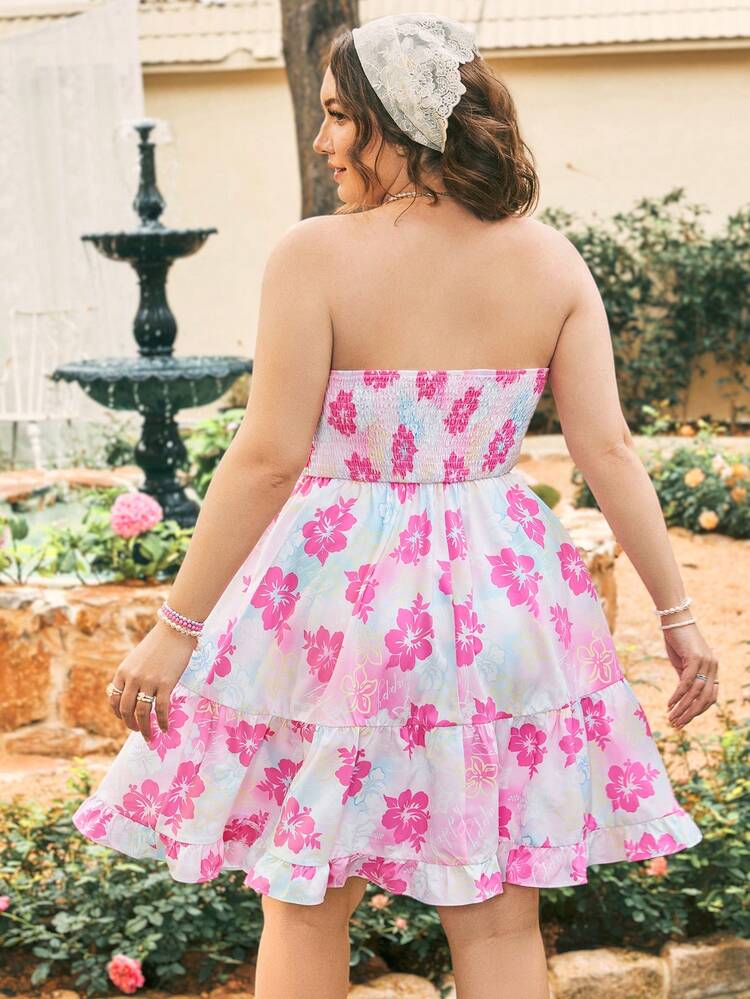Plus Size Shirred Tube Dress With Adjustable Drawstring, Frill Trim, Floral Print For Summer Holiday