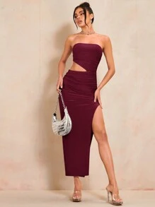SHEIN BAE Women's Strapless Cutout Waist Pleated Side Slit Dress - Burgundy - View 4