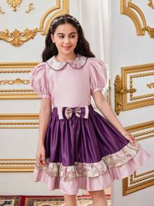 SHEIN Tween Girl Jacquard Turn-Down Collar Puff Sleeve Shirt And Colorblock A-Line Skirt Two-Piece Set