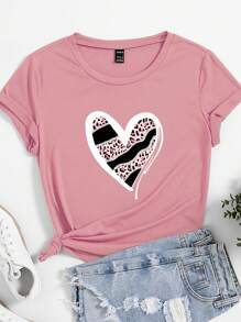 SHEIN 女款心形圖案短袖 T 卹 - 粉色 - 查看 1