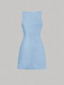 SHEIN MOD 女士純色斜襞褶擺連衣裙 - 淺藍色 - 查看 2