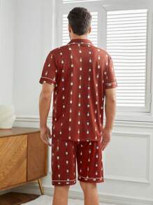 Men's Full Print Contrast Piping Homewear Set - Red - View 2