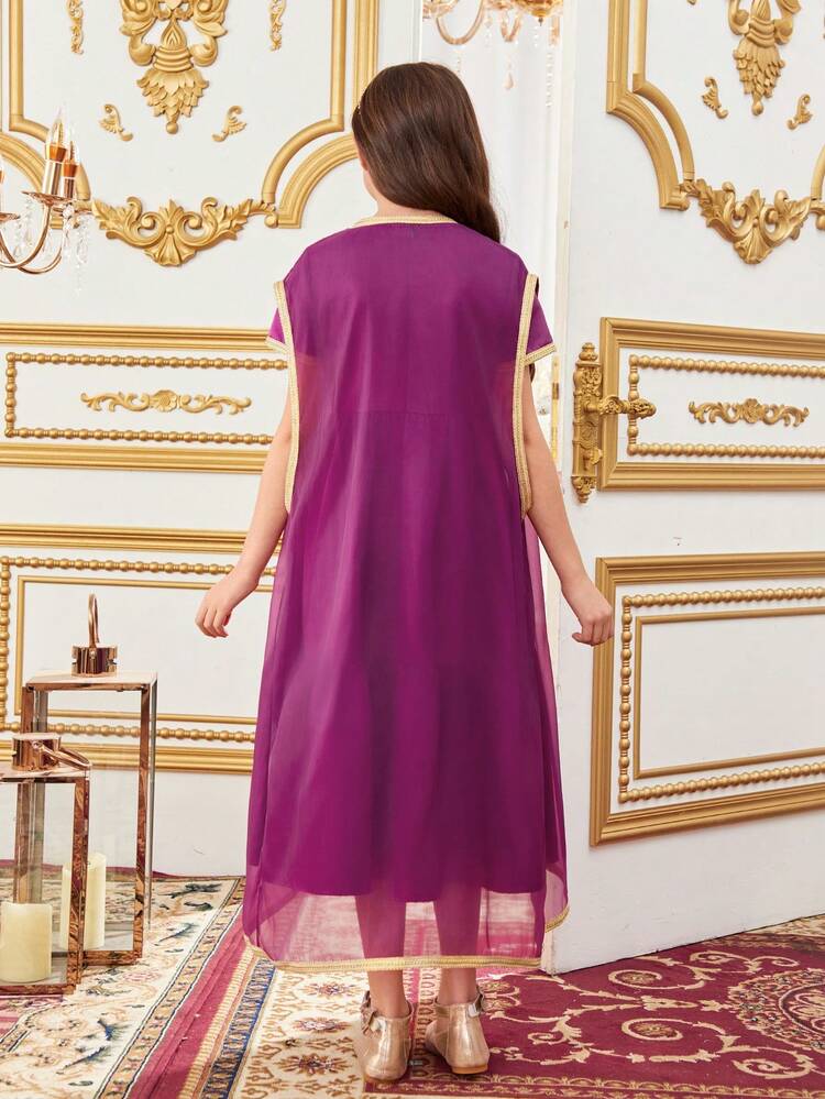 2pcs/Set Tween Girls' Loose Fit Dress And Coat Set With V-Neck And Weaving Decoration