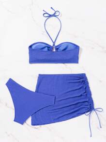 SHEIN Swim Conjunto de bikini de textura en unicolor con cuello halter y traje de baño separado, para el verano en la playa
