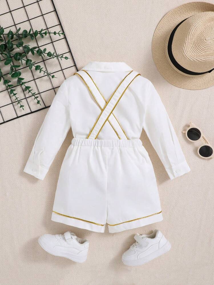 Baby Boy's Gentleman Style Bow Tie And Lapel Collar Cardigan With Suspender Shorts Set