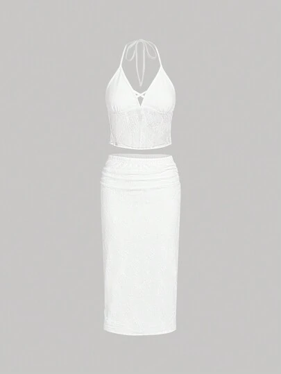 SHEIN Qutie Màu thuần Ren Áo hai dây Và Bộ váy