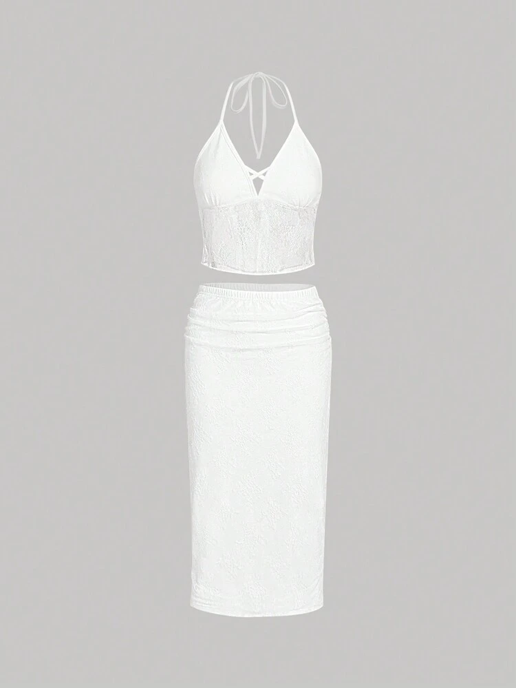 Solid Color Lace Halter Top And Skirt Set