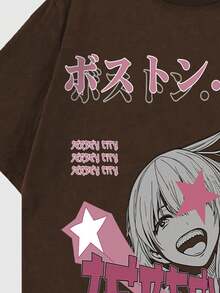 ROMWE MEN Camiseta de manga corta con estampado de anime para hombres, ideal para el verano - Café integral - Ver 4