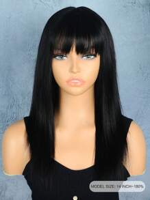 180% Density Straight Human Hair Wig With Bangs 12-14 Inch Natural Black Remy Scalp Top Full Machine Made Wigs For Women Daily Use