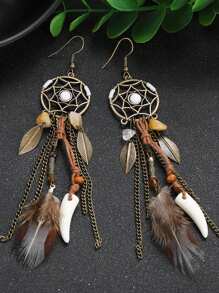 Boucles d'oreilles pendantes longues en plumes de style bohème antique, faites à la main, boucles d'oreilles Boho pour femmes, bijoux d'oreille pour femmes
