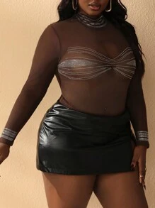 Slaydiva Plus Size Rhinestone Embellished Long Sleeve Bodysuit With Small Stand Collar - Brown - View 4