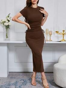 Modelyn 女士圆领短袖系腰修身紧身连衣裙长款女士装长款晚礼服 - 咖啡棕 - 查看 6