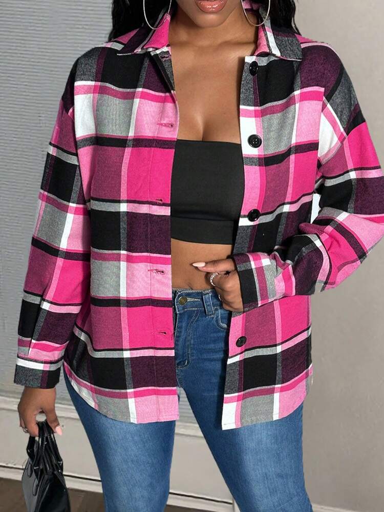 Plaid Print Drop Shoulder Curved Hem Button Front Coat In Fall/Winter
