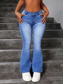 SHEIN PETITE Women's Fashionable Slim Fit Flared Jeans - Light Wash - View 4
