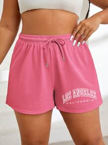 INAWLY Women's Plus Size Drawstring Waist Letter Printed Shorts - Hot Pink - View 1