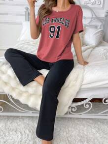 Bộ đồ ngủ in khối màu dành cho nữ có chữ cái tiếng Anh thể thao - Bụi hồng - Xem 1