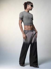 FeverCity Men's Slim Fit Cropped T-Shirt With Letter Print - Grey - View 4