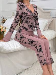 Floral Patchwork Print Comfortable Pajamas Set - Dusty Pink - View 5