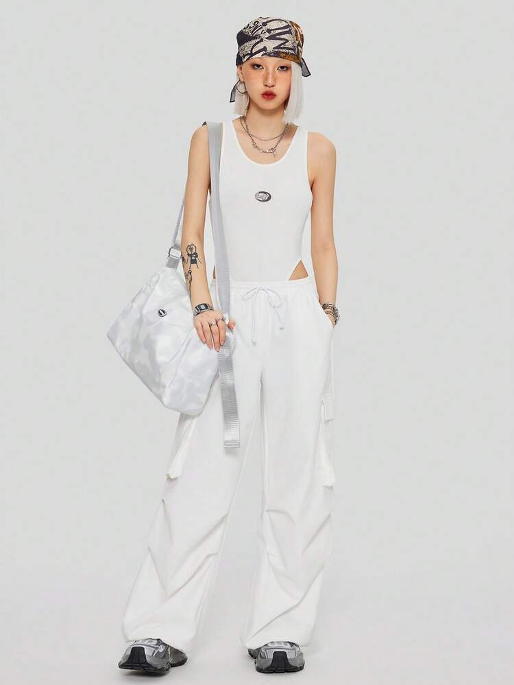 Ladies' Solid Color Bodycon Bodysuit And Cargo Pants 2pcs/Set