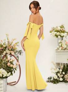 SHEIN Belle Váy phù dâu tay phồng trễ vai có chi tiết nút thắt dành cho nữ - Màu vàng - Xem 5