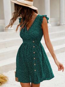 SHEIN LUNE Chấm bi In Cổ chữ V Chi tiết Nút Ruffle Cắt tỉa Đầm - Màu xanh lá cây đậm - Xem 7