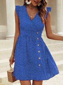Breezaya 女士时尚蓝色圆点短袖 V 领摆裙度假海滩装 - 藍色 - 查看 5