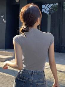 DAZY Solid Color Slim Fit T-Shirt With Stand Collar - Light Grey - View 2