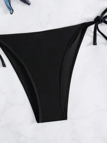 SHEIN Swim 女士纯色打结侧比基尼套装带随机图案性感防晒沙滩和服 3 件套夏季 - 彩色 - 查看 6